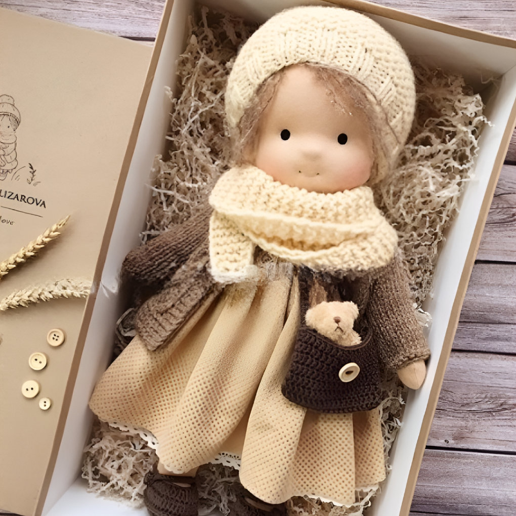 Natural Waldorf wool doll, soft stuffed toy for kids, encourages imaginative fun.