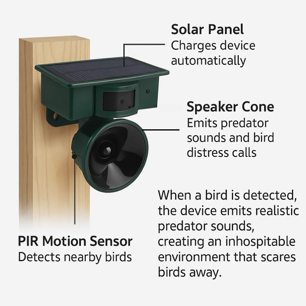 Eco-friendly solar bird repeller for yard & patio. Ultrasonic & motion sensor wildlife control.