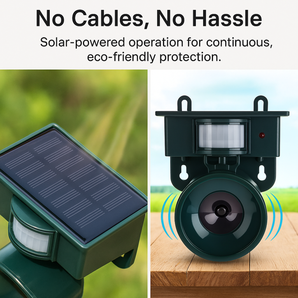Advanced motion sensor solar bird repeller. Ultrasonic & sound deterrent for garden protection.