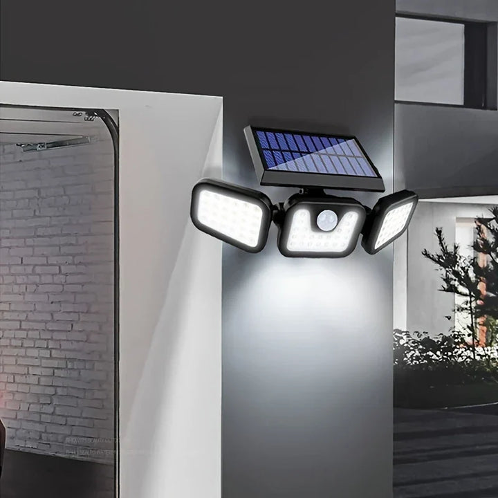"Solar LED Flutlicht mit 3-Strahler, wetterfest, mit Bewegungsmelder, ideal für Garten, Hof und Garage, energiesparend"