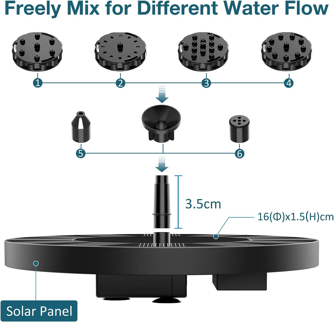 Floating solar pump for bird baths, provides an attractive and functional garden water feature