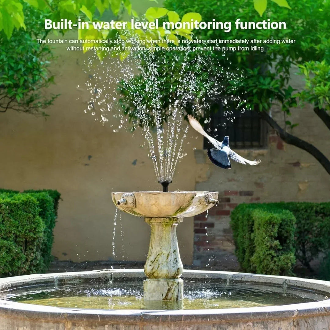 Compact solar fountain pump, perfect for small bird baths and garden water features