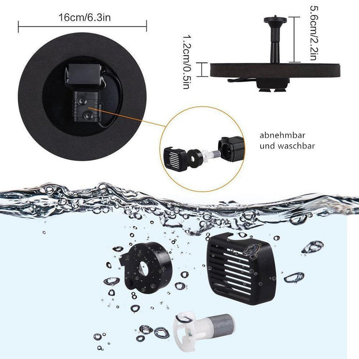 "Solar Springbrunnen Pumpe für Garten, nachhaltiges Design, plätscherndes Wasser, ohne Kabel, effiziente Solarenergie."
