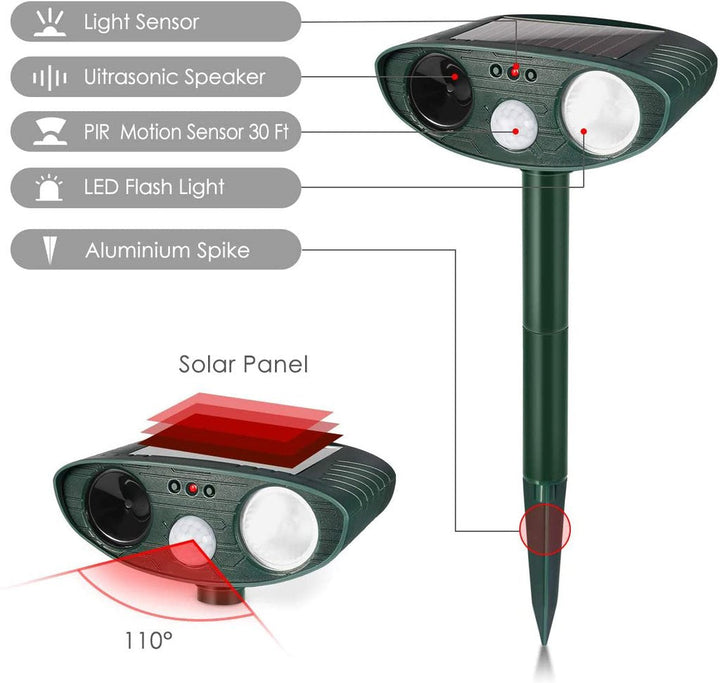 Humane solar ultrasonic device deters rabbits using sound & flashing light, protecting your garden.