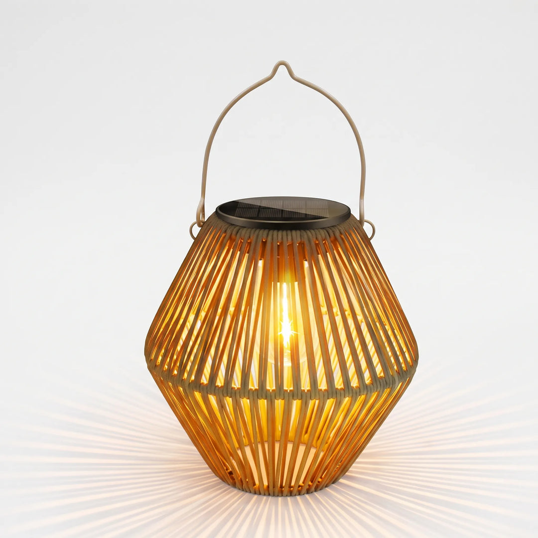 Woven solar garden lantern with LED light, weather-resistant, automatic patio decor.