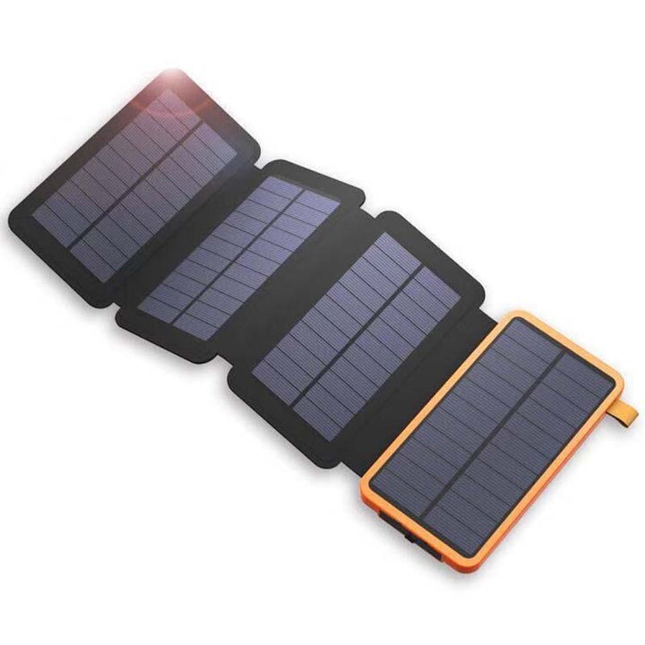 Solarbetriebene Powerbank 25000mAh mit vier Solarpanels, LEDs, robustem Design für Outdoor-Abenteuer und schnellem Laden.