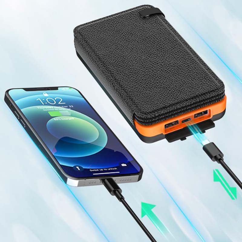 Solarbetriebene Powerbank 25000mAh mit vier Solarpanels, LEDs, robustem Design für Outdoor-Abenteuer und schnellem Laden.