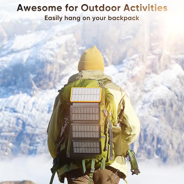 Solarbetriebene Powerbank 25000mAh mit vier Solarpanels, LEDs, robustem Design für Outdoor-Abenteuer und schnellem Laden.