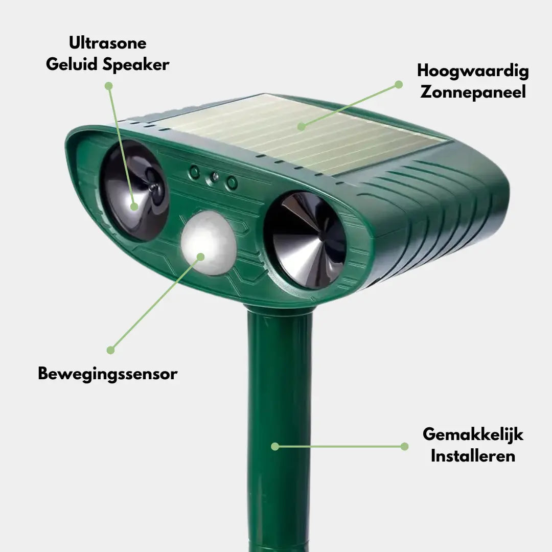 Solarbetriebener Katzenvertreiber mit Solarpanel, wetterfest, grüne Oberfläche, für tierfreundlichen Gartenschutz.