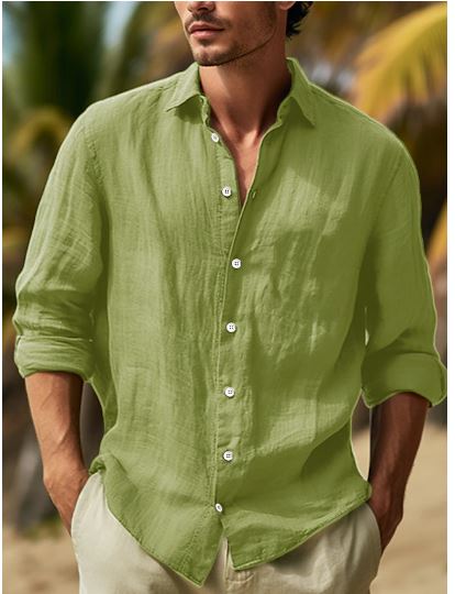 "Sommerliches Herren-Leinenhemd in Schwarz-Weiß-Rosa, langärmelig mit Revers und Knopfleiste, elegant und bequem."