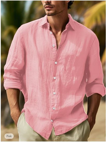 "Sommerliches Herren-Leinenhemd in Schwarz-Weiß-Rosa, langärmelig mit Revers und Knopfleiste, elegant und bequem."