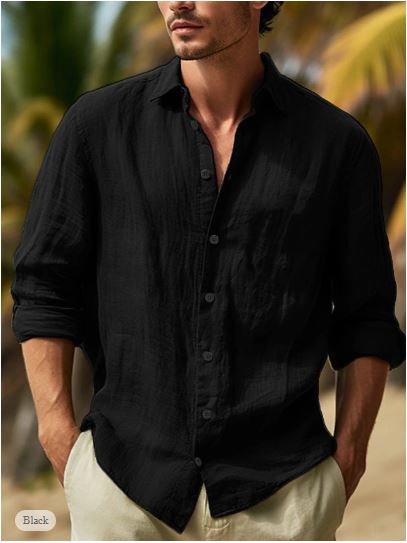 "Sommerliches Herren-Leinenhemd in Schwarz-Weiß-Rosa, langärmelig mit Revers und Knopfleiste, elegant und bequem."