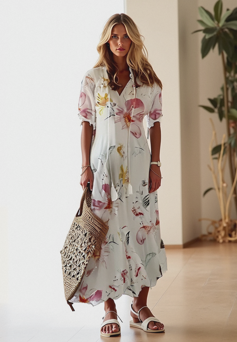 Sommerliches Maxikleid im Bohemian-Stil, leicht und fließend, ideal für Strandtage und Stadtbummel, beige Farbe.