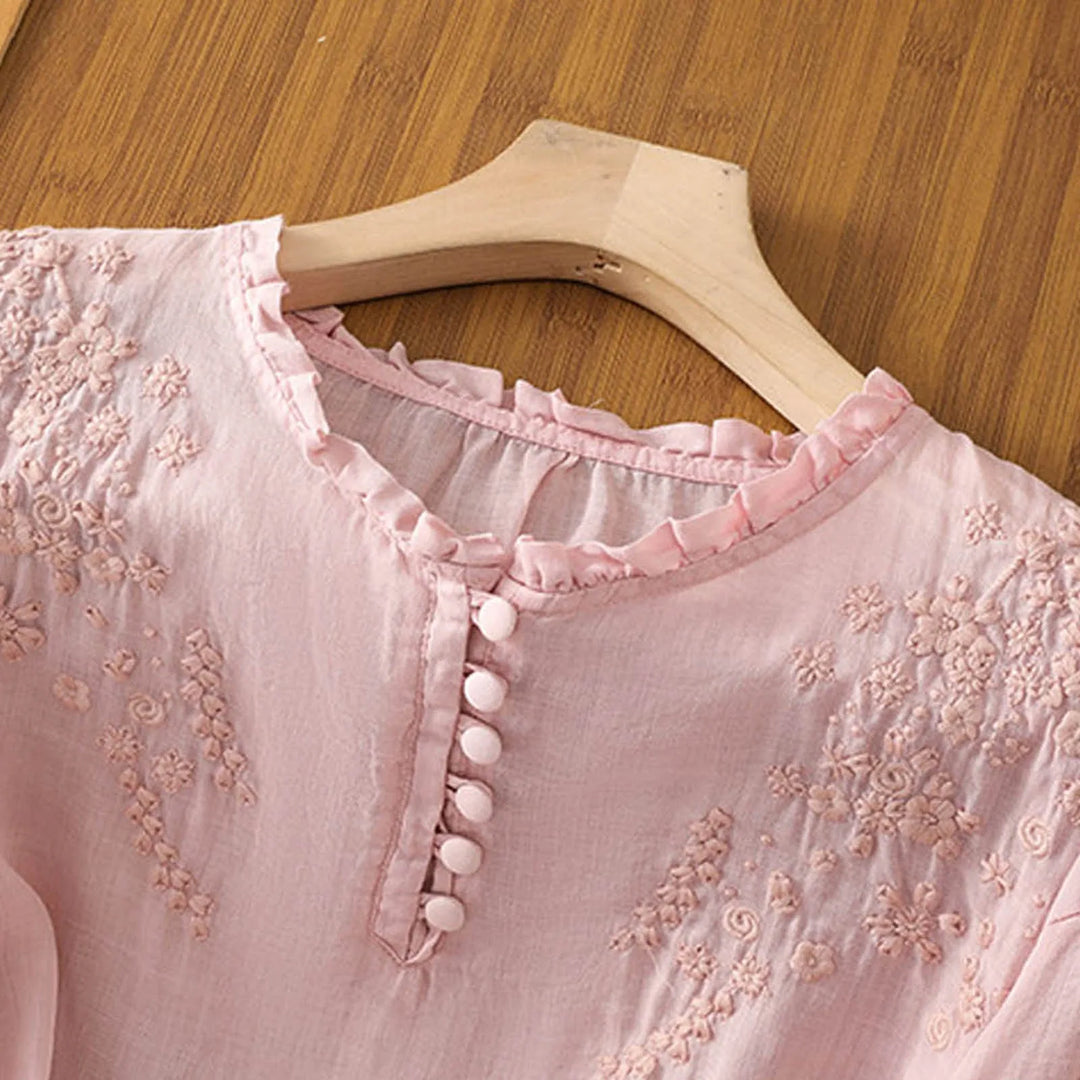 Classic women's embroidered blouse, long sleeve fashion top with sophisticated vintage details. Elegant wear.
