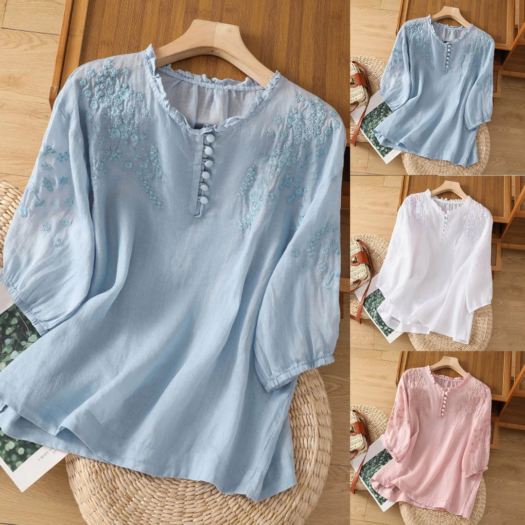 Versatile women's long-sleeve embroidered blouse. Sophisticated vintage style top, ideal for elegant work wear.