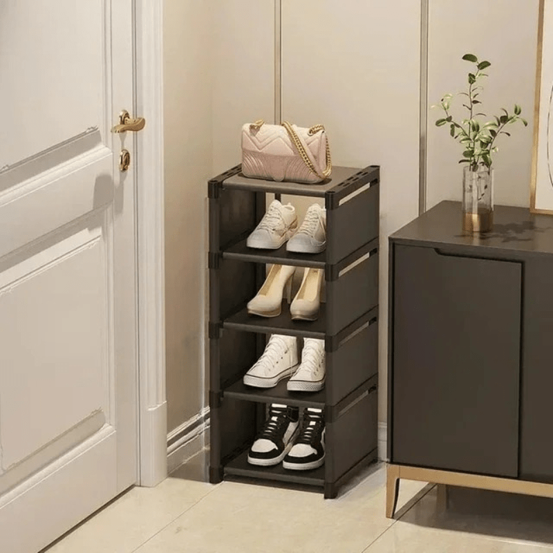 Multi-tier corner shoe rack, great for entryway, dorm, or closet organization.