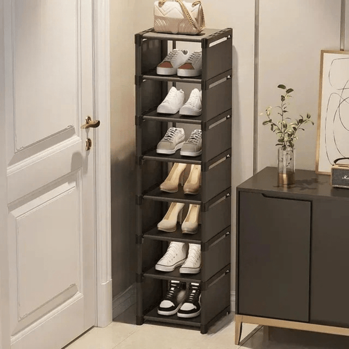 Compact shoe storage unit, fitting neatly into any corner to save floor space.