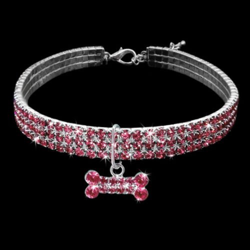 Adjustable dog collar, embellished with dazzling rhinestones and a charming bone pendant, animal jewelry.