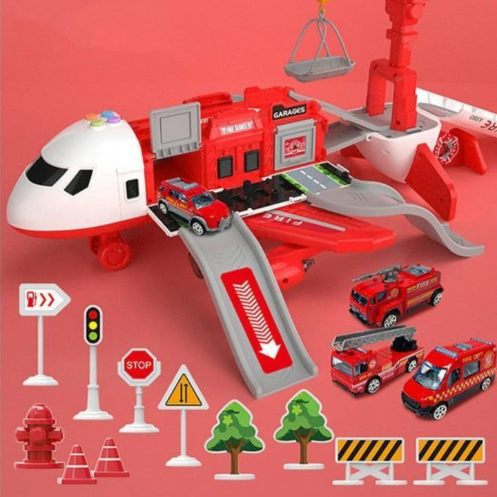 Spielset mit großem buntem Flugzeug, Mini-Baufahrzeugen und Zubehör, ideal für Kinder von 3 bis 6 Jahren, fördert Kreativität