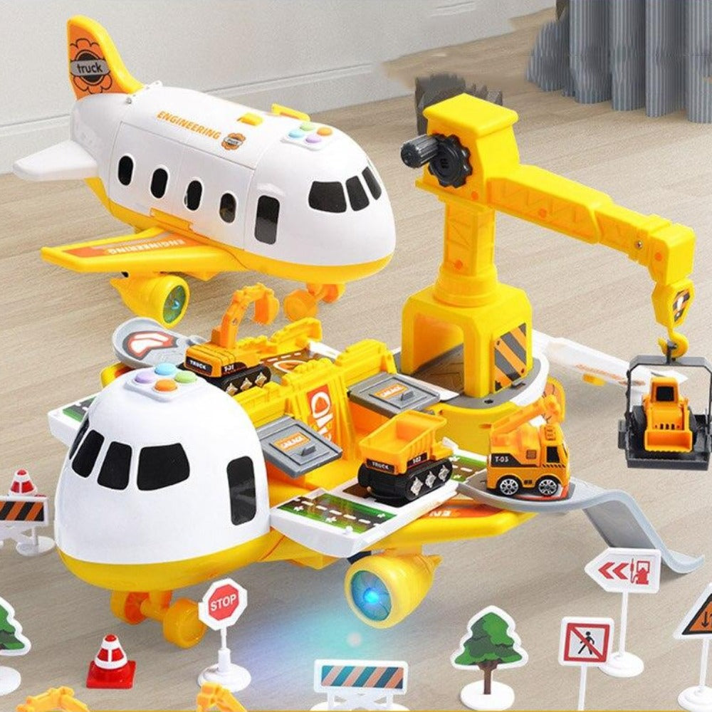 Spielset mit großem buntem Flugzeug, Mini-Baufahrzeugen und Zubehör, ideal für Kinder von 3 bis 6 Jahren, fördert Kreativität