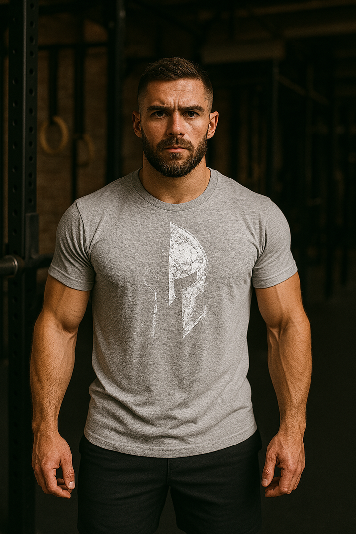 "Sportliches Herren Fitness T-Shirt, atmungsaktiv, körpernah, in Grau, perfektes Training-Top für maximale Bewegungsfreiheit.