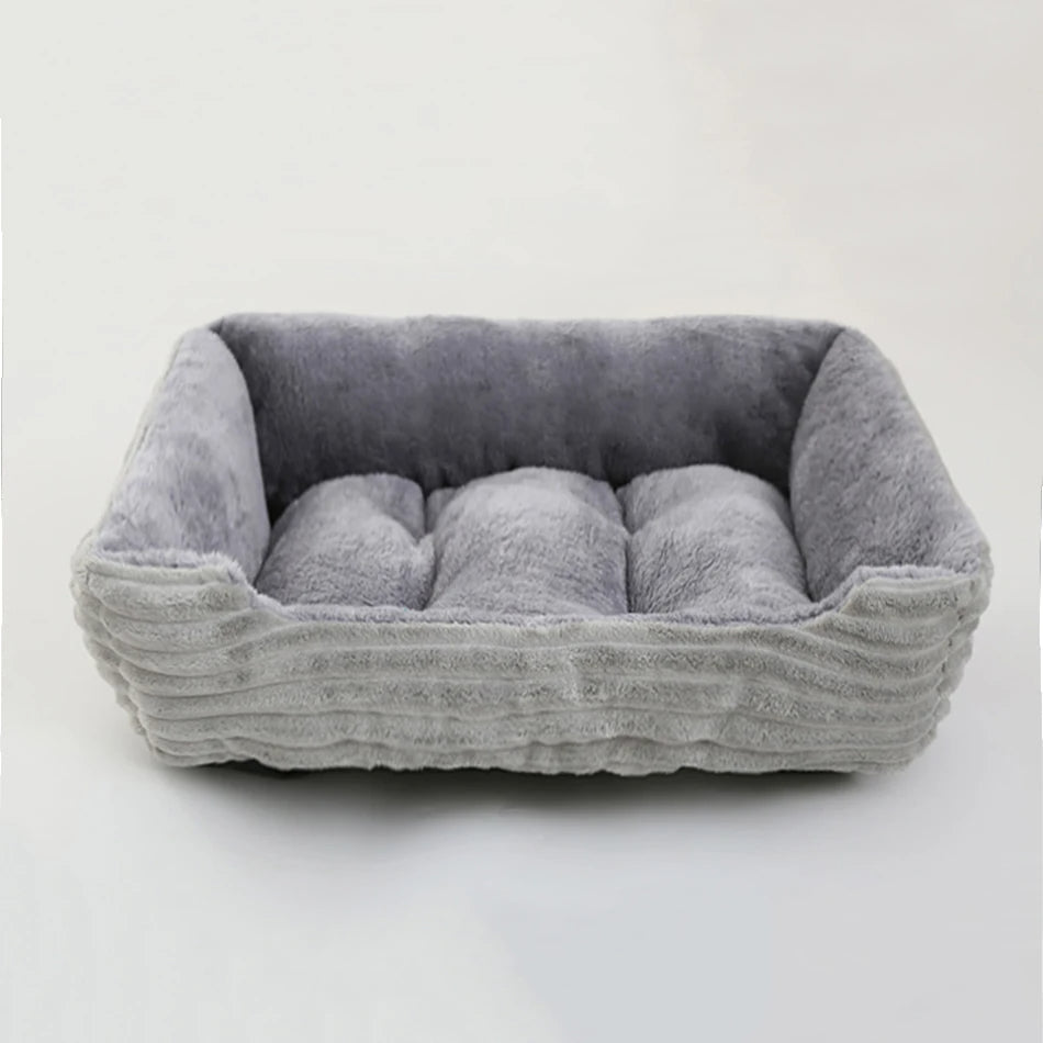 Small dog square calming bed, plush and cozy with a grey waterproof oxford fabric exterior