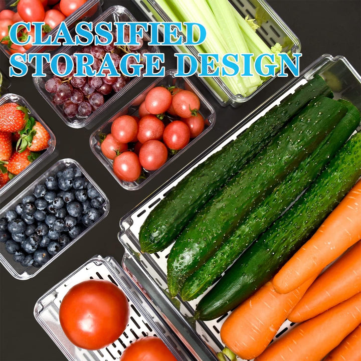 10-piece clear plastic fridge bins for food storage. Stackable refrigerator organizers & produce savers.