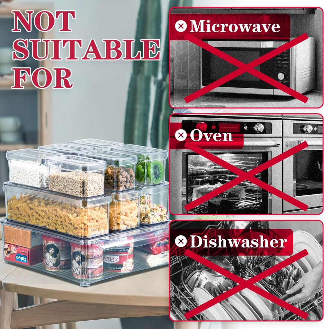 Home kitchen organization with a 10-piece set of stackable clear fridge bins & food containers.