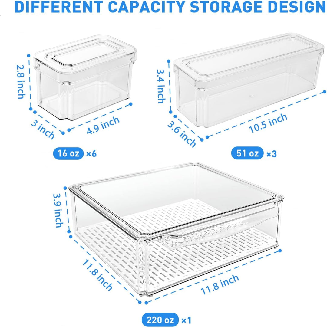 Refrigerator pantry storage solution: 10 clear stackable plastic bins, perfect for organizing food.
