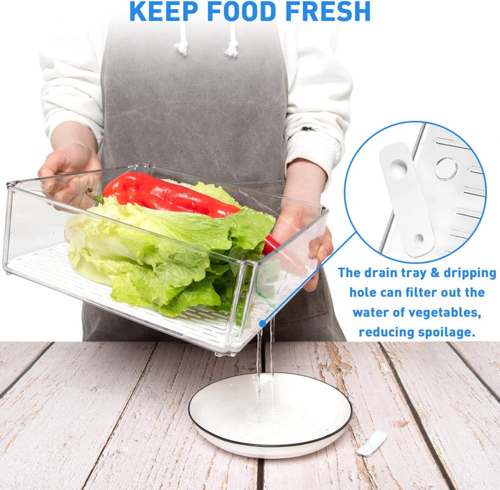 Stackable clear plastic refrigerator organizer bins, 10-pc set. Ideal for fridge & pantry food storage.