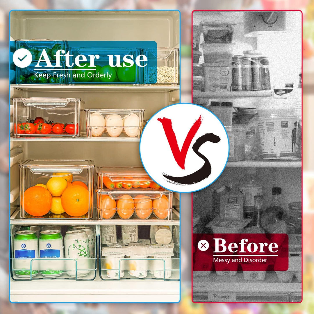 Efficient kitchen organization: 10-piece set of stackable clear plastic fridge bins for produce & food.