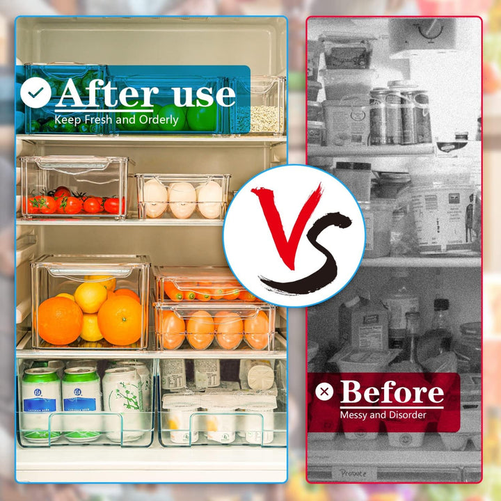 Efficient kitchen organization: 10-piece set of stackable clear plastic fridge bins for produce & food.