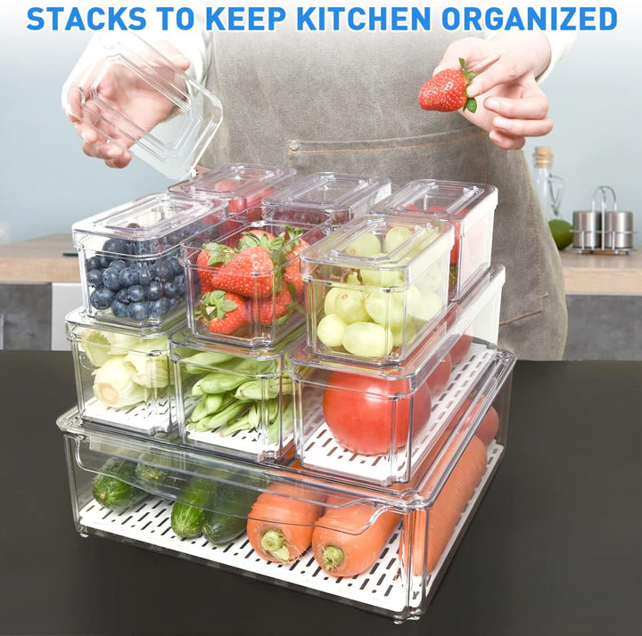 Maximize fridge space with 10 stackable clear refrigerator organizer bins. Great for food & produce.
