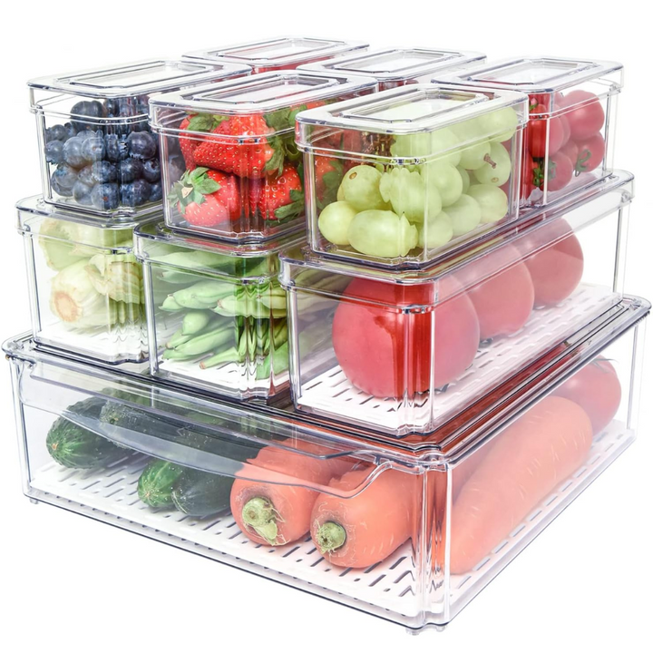 Clear stackable refrigerator organizer bins, 10-piece set for fridge & pantry food storage.