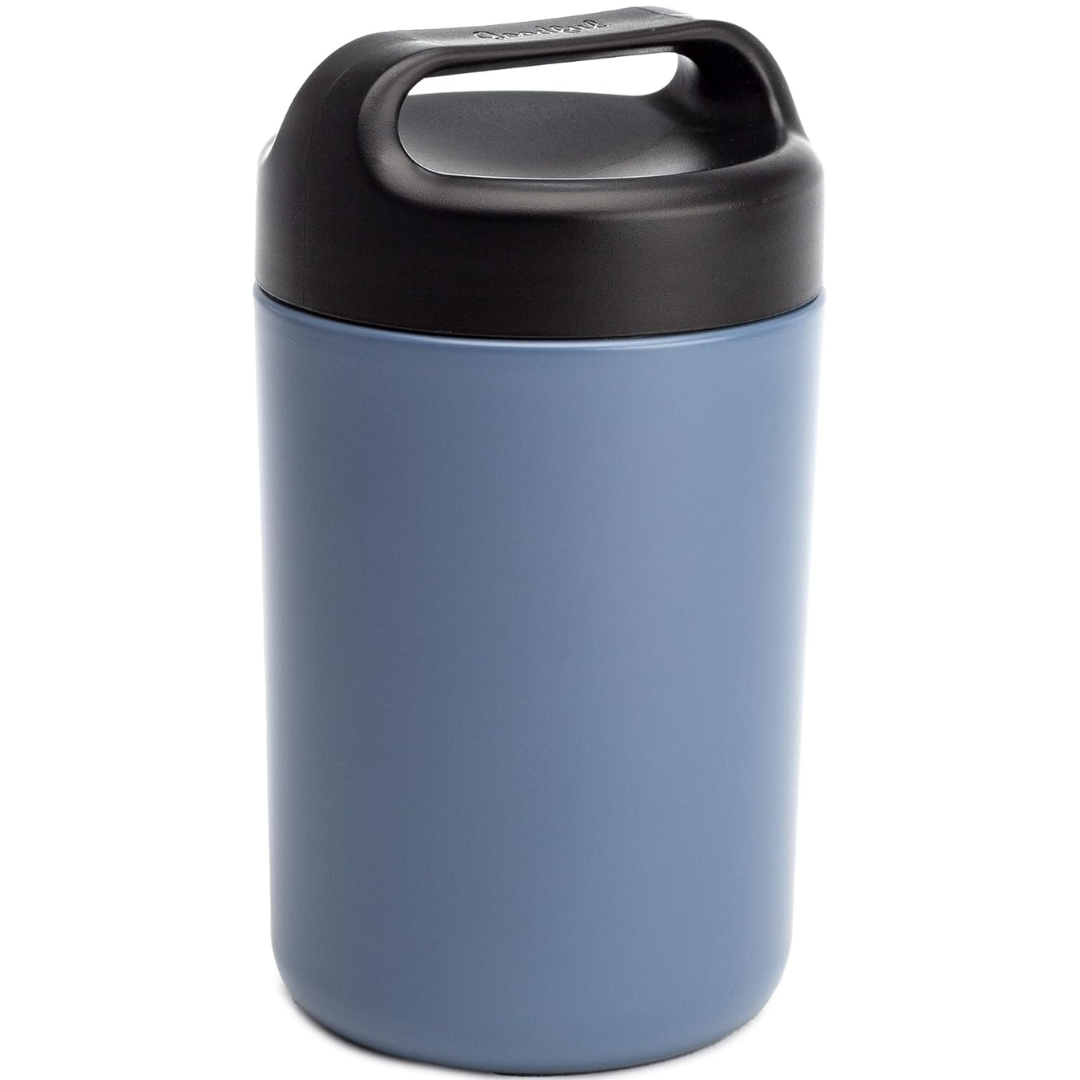Insulated portable stainless steel food container with handle. Leak-proof thermal lunch box for warm meals.