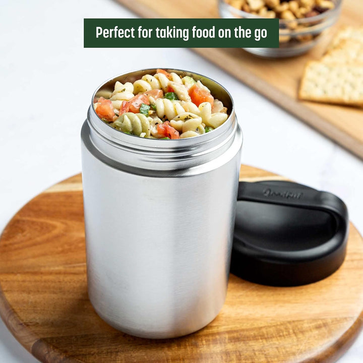 Leak-proof thermal food container: portable stainless steel warmer with handle for secure, hot meal transport.