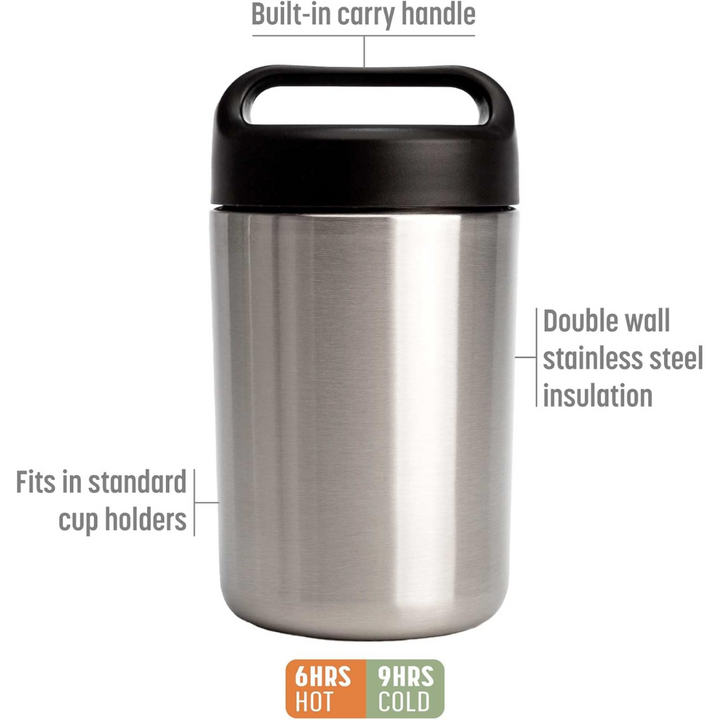 Durable stainless steel food container, thermal insulated and portable with a secure handle for daily use.