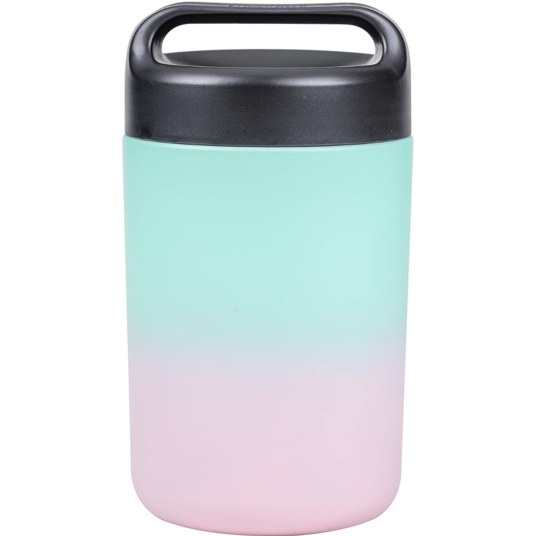 Travel-friendly food warmer: portable stainless steel container with handle, keeps food hot for adventures.