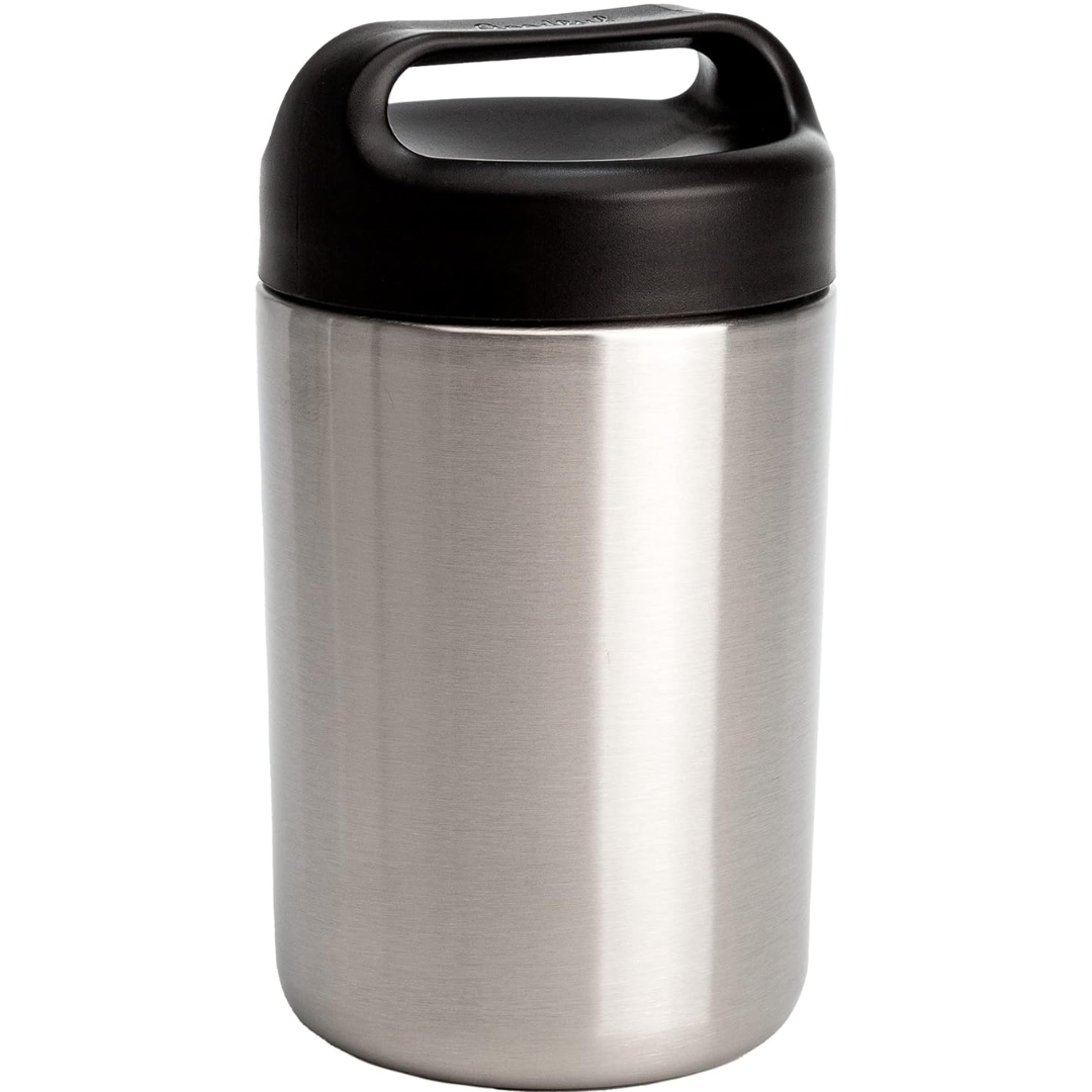 Insulated stainless steel food container with handle, keeping meals warm for hours. Leak-proof design.