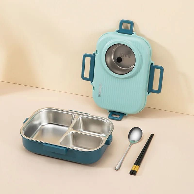 Stainless steel lunchbox, 3-compartment, leak-proof, for meal prep & school/work lunches.