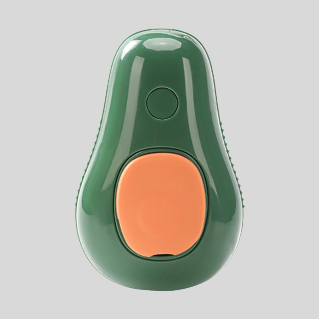Close-up of a steam pet grooming brush, showing bristles & steam function for effective shedding & pet massage.