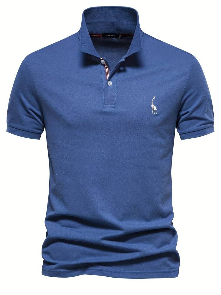 Classic men's short sleeve polo, ideal for golf & everyday comfort, with an elegant embroidered giraffe design.