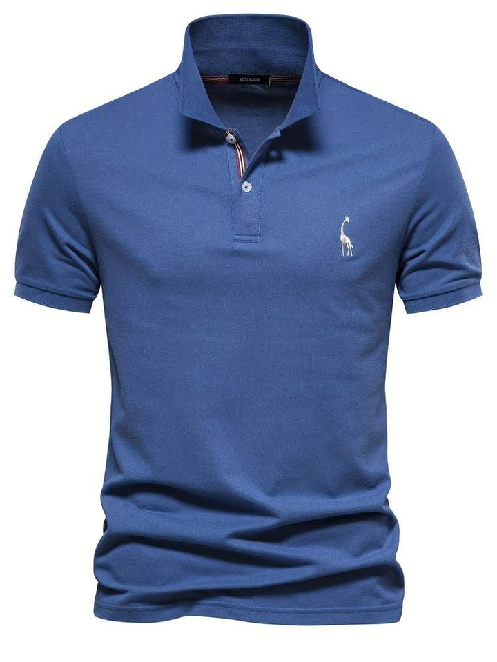 Classic men's short sleeve polo, ideal for golf & everyday comfort, with an elegant embroidered giraffe design.