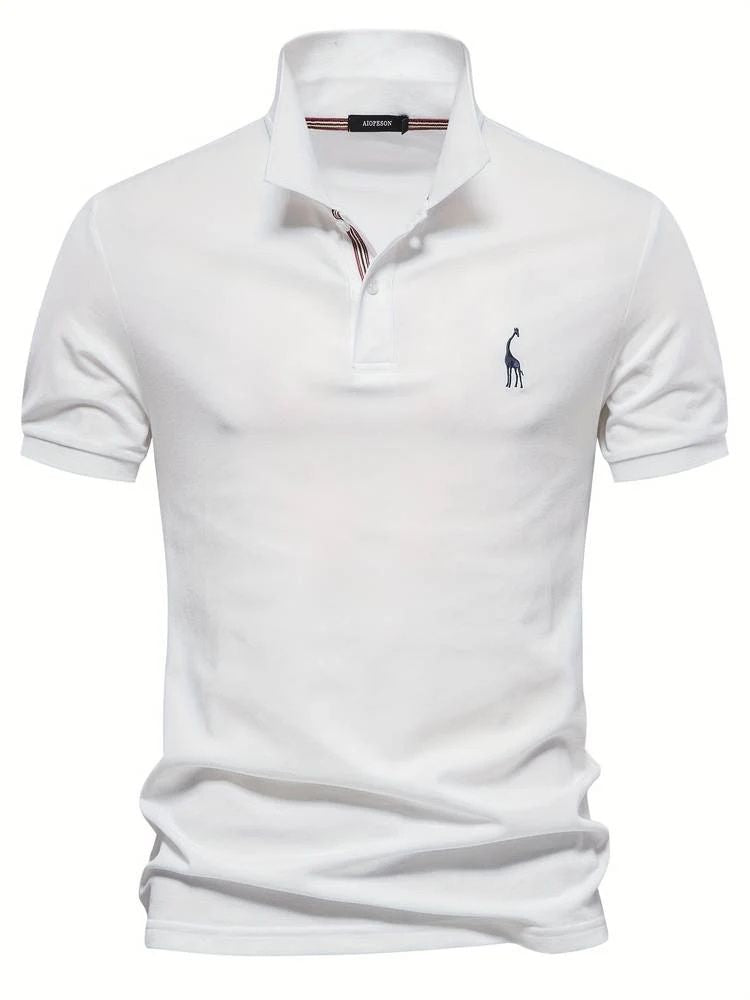 Stylish men's short sleeve golf polo, designed for ultimate comfort, featuring a distinctive embroidered giraffe.