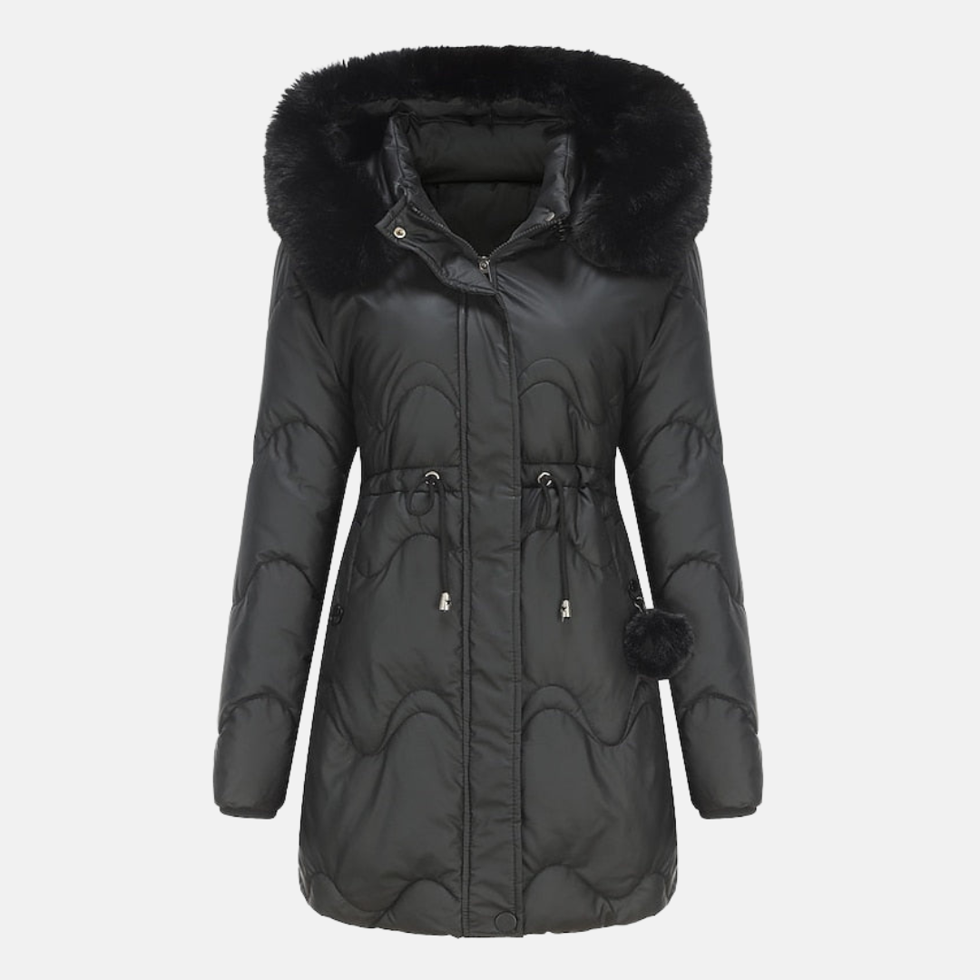 Stilvolle Damen Parka-Jacke für den Winter in Schwarz, isolierend und verstellbar, elegante, schlanke Silhouette mit Kapuze.