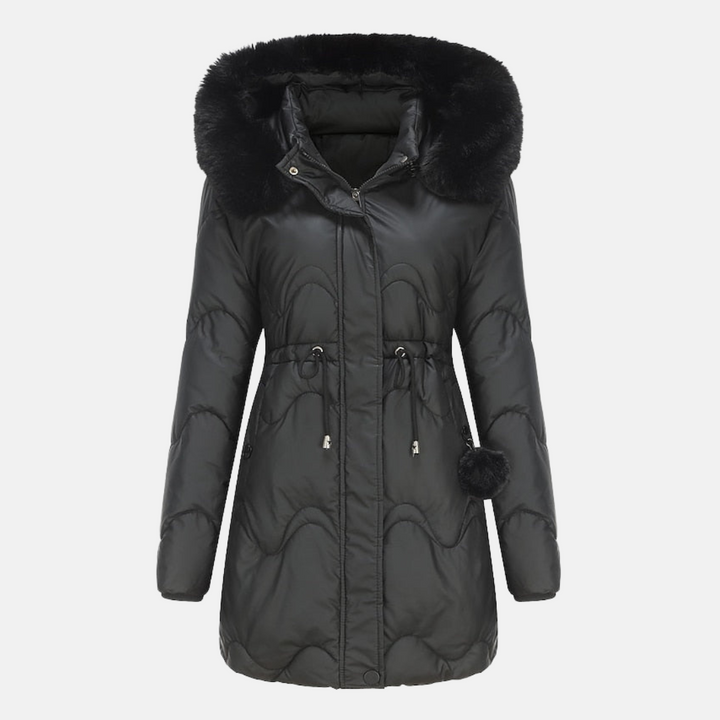Stilvolle Damen Parka-Jacke für den Winter in Schwarz, isolierend und verstellbar, elegante, schlanke Silhouette mit Kapuze.