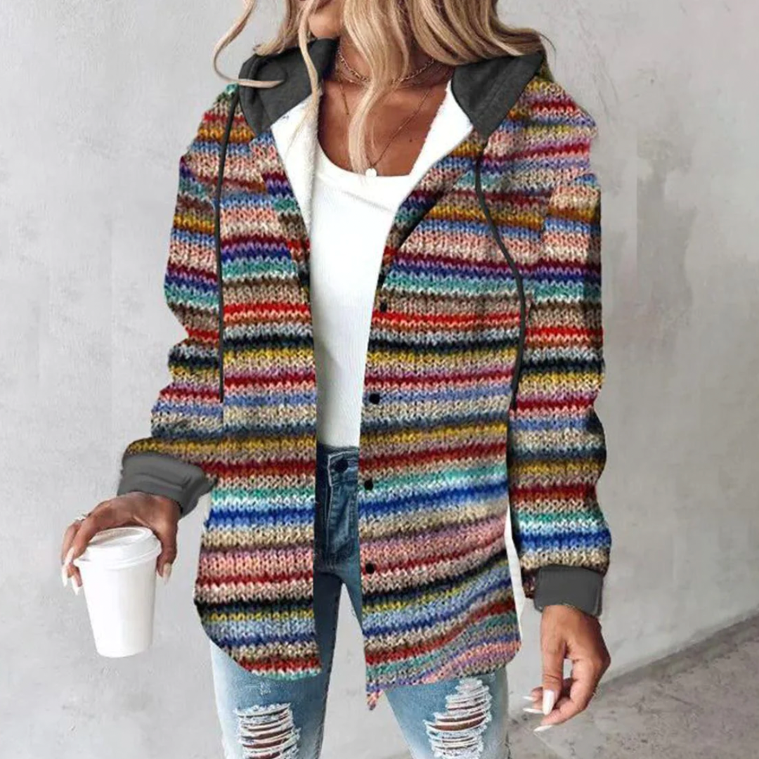 "Stilvolle Damenstrickjacke mit mehrfarbigem Design, chic und komfortabel für Alltag und Büro."