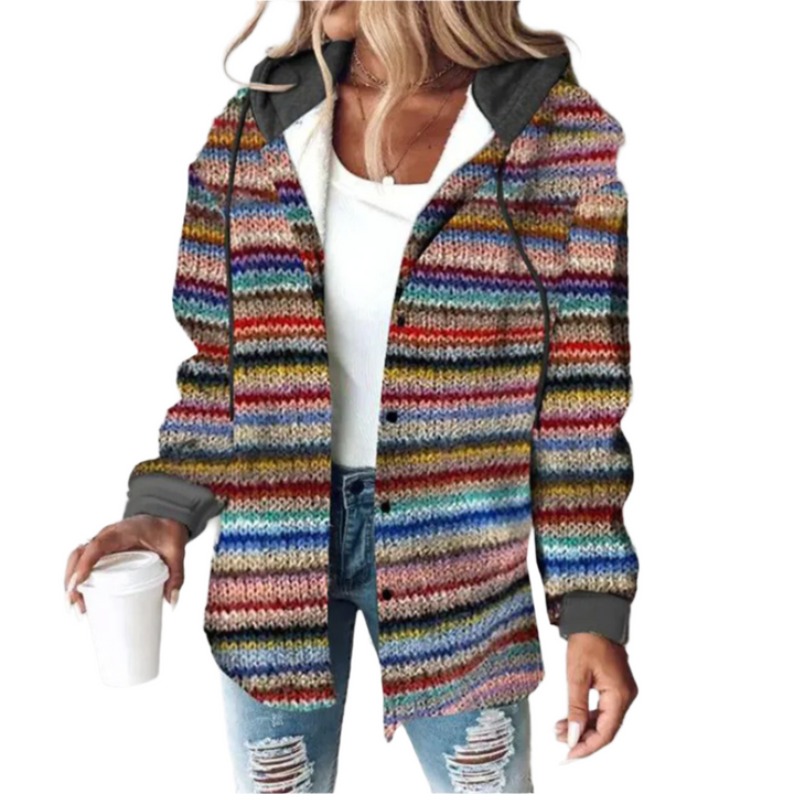 "Stilvolle Damenstrickjacke mit mehrfarbigem Design, chic und komfortabel für Alltag und Büro."