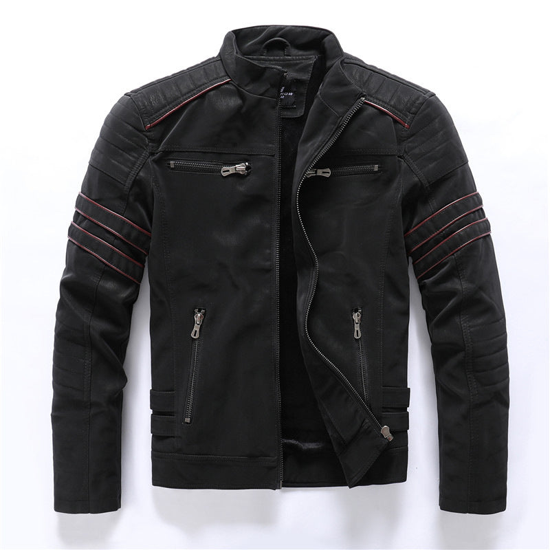 "Stilvolle Herren Bikerjacke in Schwarz, wetterfestes Material, für Freizeit und formale Anlässe, maßgeschneiderte Passform."