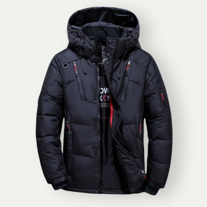 Stilvolle Herren Daunenjacke, leicht und warm, modernes Design, vielseitig einsetzbar für Freizeit und Arbeit.